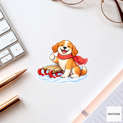 Dog Giving Thumbs Up By Sled Vinyl Sticker, Cute Winter Sled Lesson Decal