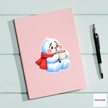 Snowman Blowing On Hot Cocoa Vinyl Sticker, Cute Icy Winter Cartoon Decal
