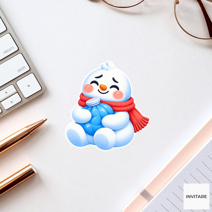 Snowman Hugging Blue Ice Pack Vinyl Sticker, Cute Icy Winter Cartoon Decal