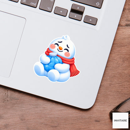 Snowman Hugging Blue Ice Pack Vinyl Sticker, Cute Icy Winter Cartoon Decal