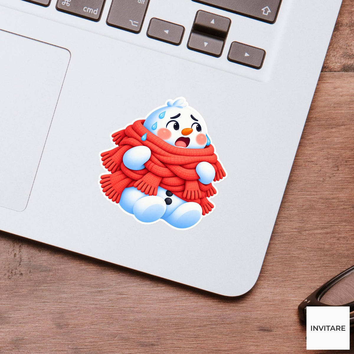 Snowman Sweating In Many Scarves Vinyl Sticker, Cute Icy Winter Cartoon Decal