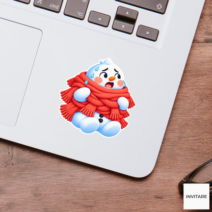 Snowman Sweating In Many Scarves Vinyl Sticker, Cute Icy Winter Cartoon Decal
