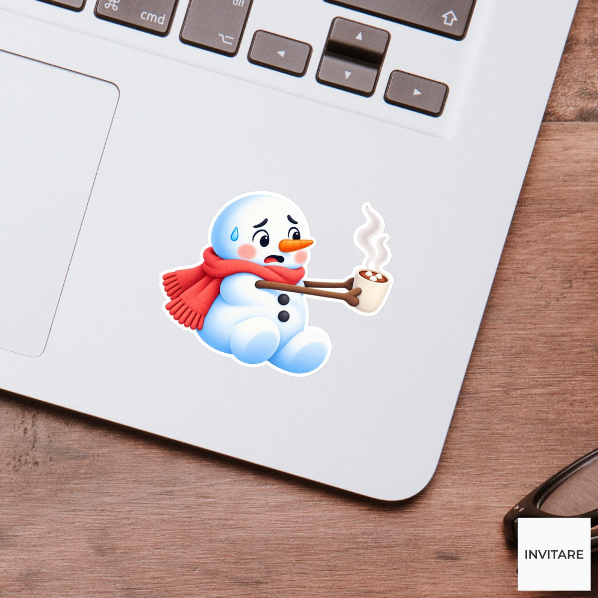 Snowman Holding Cocoa Far Away Vinyl Sticker, Cute Icy Winter Cartoon Decal