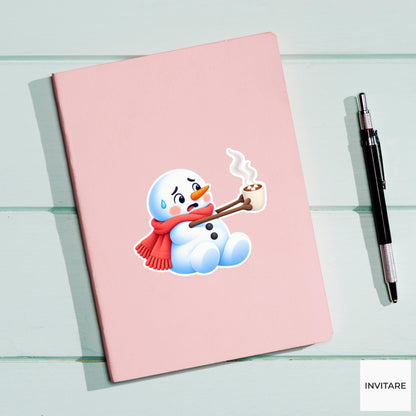 Snowman Holding Cocoa Far Away Vinyl Sticker, Cute Icy Winter Cartoon Decal