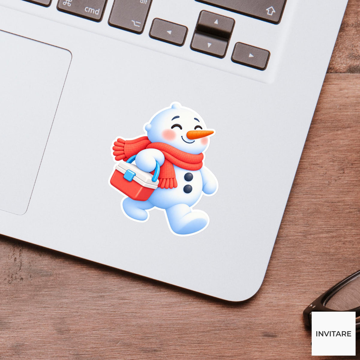 Snowman Carrying Tiny Ice Cooler Vinyl Sticker, Cute Icy Winter Cartoon Decal