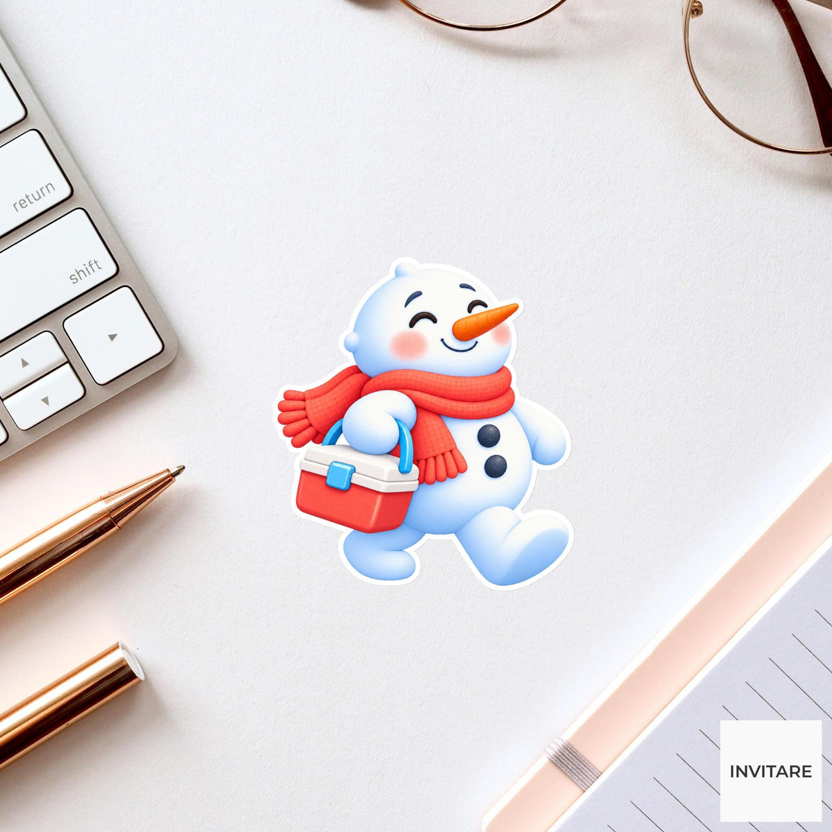 Snowman Carrying Tiny Ice Cooler Vinyl Sticker, Cute Icy Winter Cartoon Decal