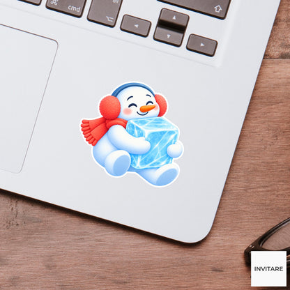 Snowman In Earmuffs Hugging Ice Vinyl Sticker, Cute Icy Winter Cartoon Decal