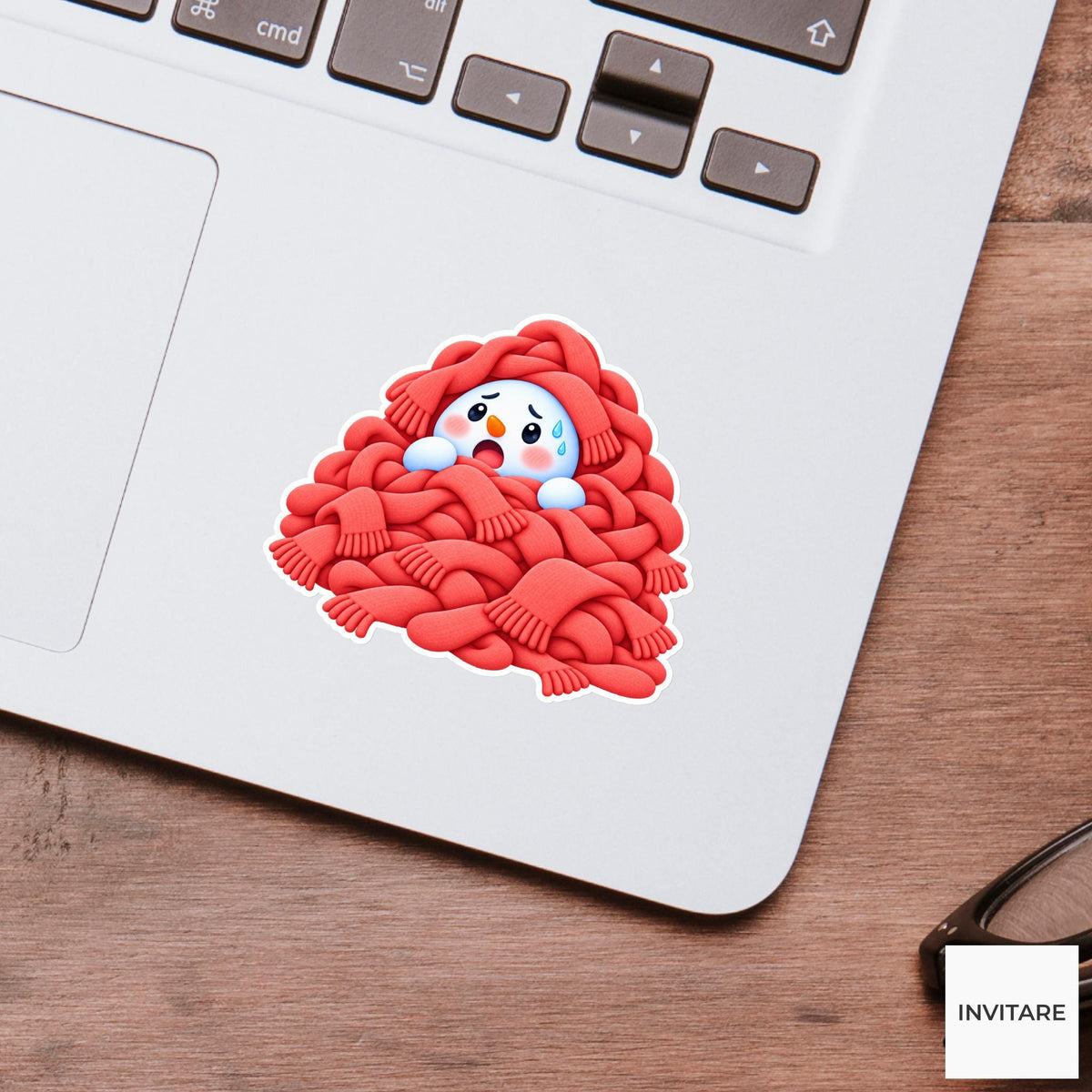 Snowman Peeking From Scarf Pile Vinyl Sticker, Cute Icy Winter Cartoon Decal