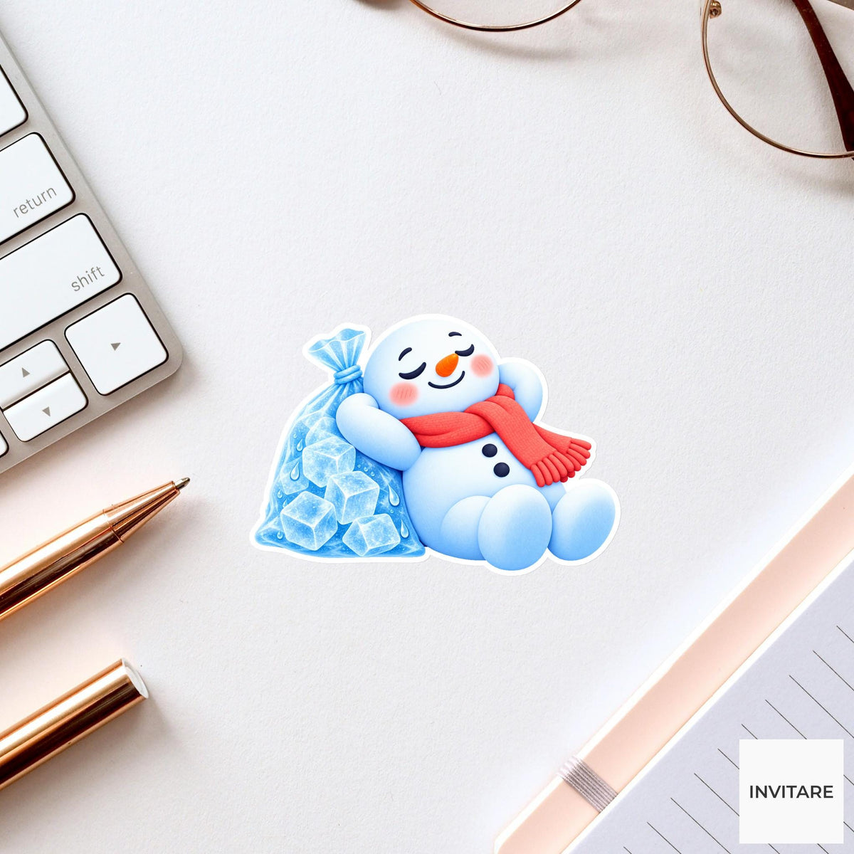 Snowman Reclining Beside Ice Bag Vinyl Sticker, Cute Icy Winter Cartoon Decal