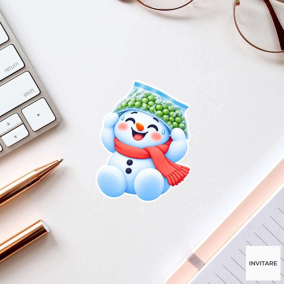 Snowman Wearing Frozen Peas Hat Vinyl Sticker, Cute Icy Winter Cartoon Decal