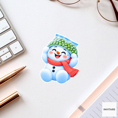 Snowman Wearing Frozen Peas Hat Vinyl Sticker, Cute Icy Winter Cartoon Decal
