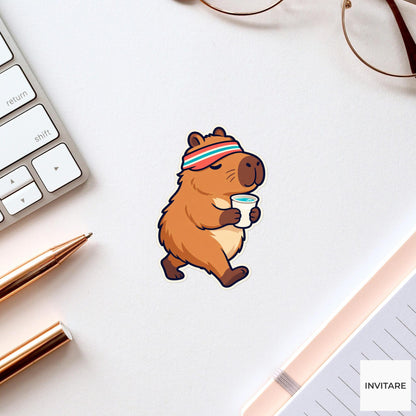 Capybara Cup Balance Sticker, Cute Running Animal, Notebook and Stationery Art, Jogger Gift