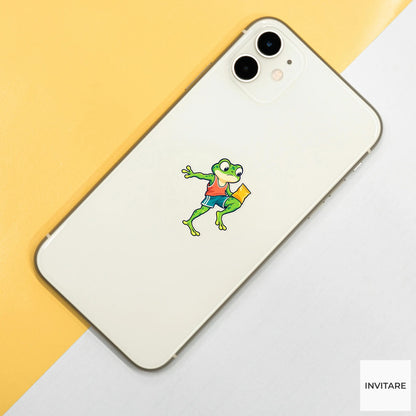 Frog Snack Stretch Sticker, Cute Running Animal, Phone Case and Scrapbook Art, Jogger Gift