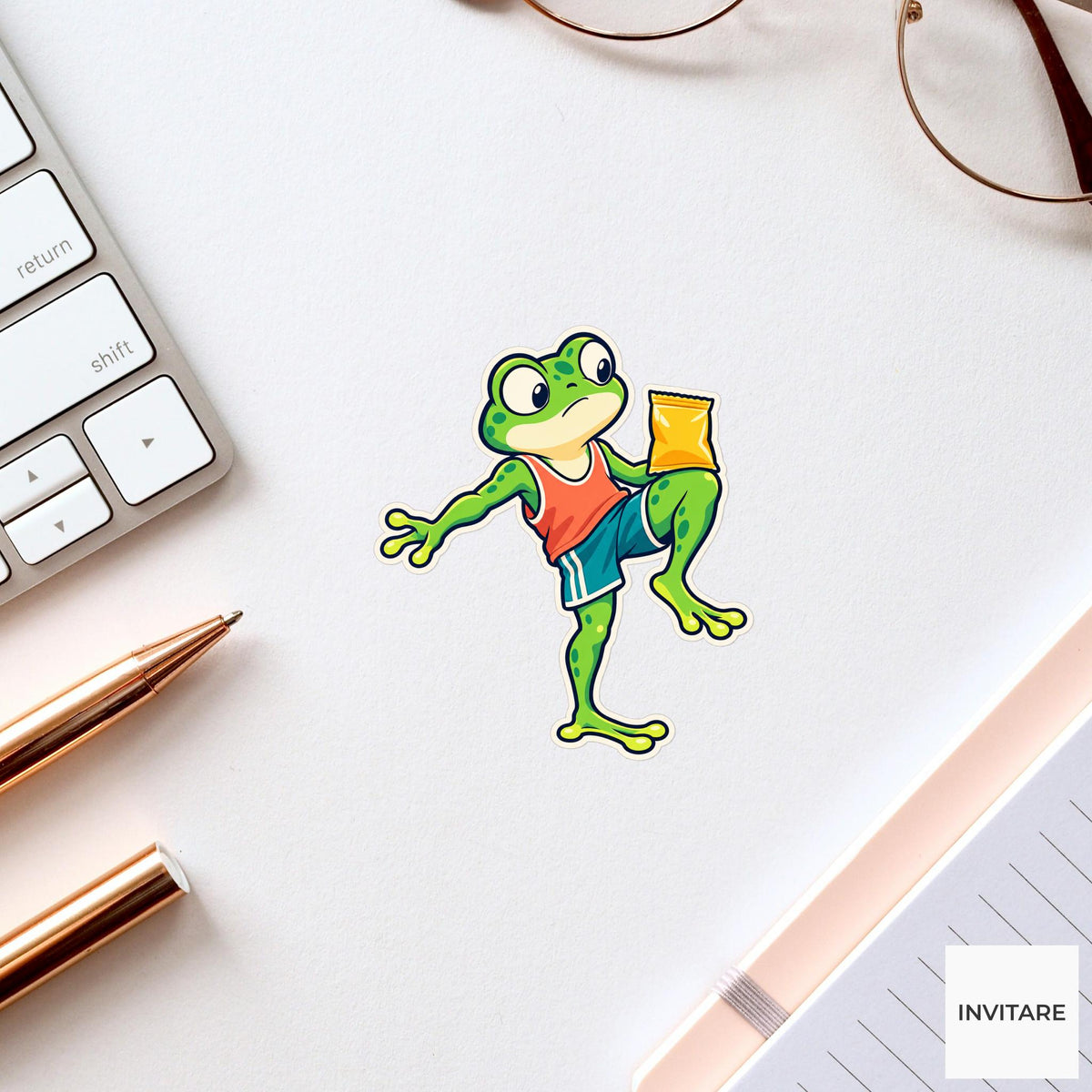 Frog Snack Stretch Sticker, Cute Running Animal, Phone Case and Scrapbook Art, Jogger Gift