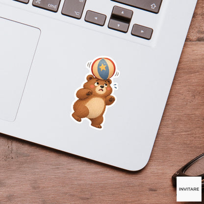 Bear balancing a soft ball on its head with nervous eyes Vinyl Sticker
