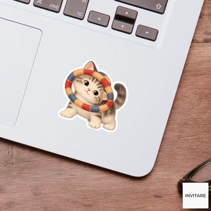 Cat peeking through a hoop tangled around its ears Vinyl Sticker