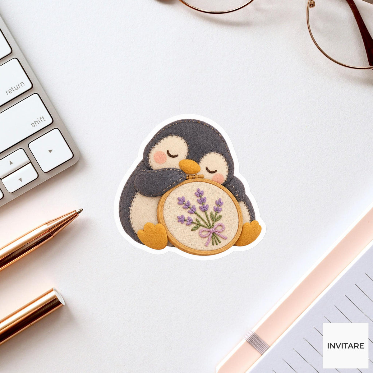 Penguin dozing with its beak resting on a fabric hoop Vinyl Sticker