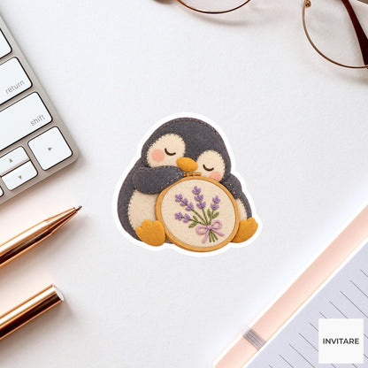 Penguin dozing with its beak resting on a fabric hoop Vinyl Sticker