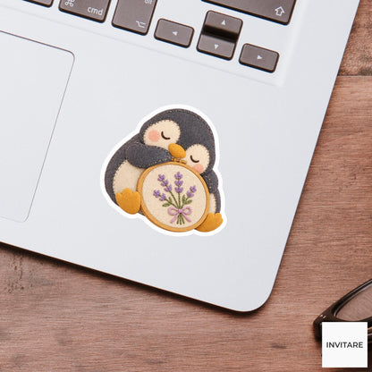 Penguin dozing with its beak resting on a fabric hoop Vinyl Sticker