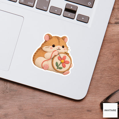 Hamster trying to stitch a flower with a petal pointing sideways Vinyl Sticker