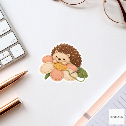 Hedgehog napping on an unfinished stitched flower Vinyl Sticker