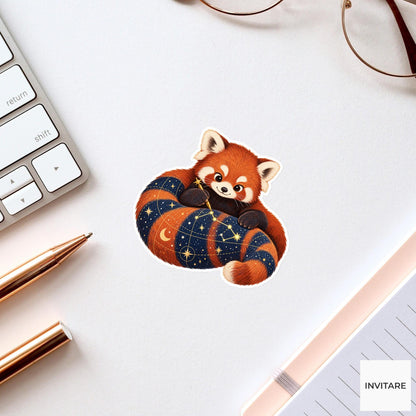 Red panda tracing a constellation on a navy chart spread across its striped tail Vinyl Sticker