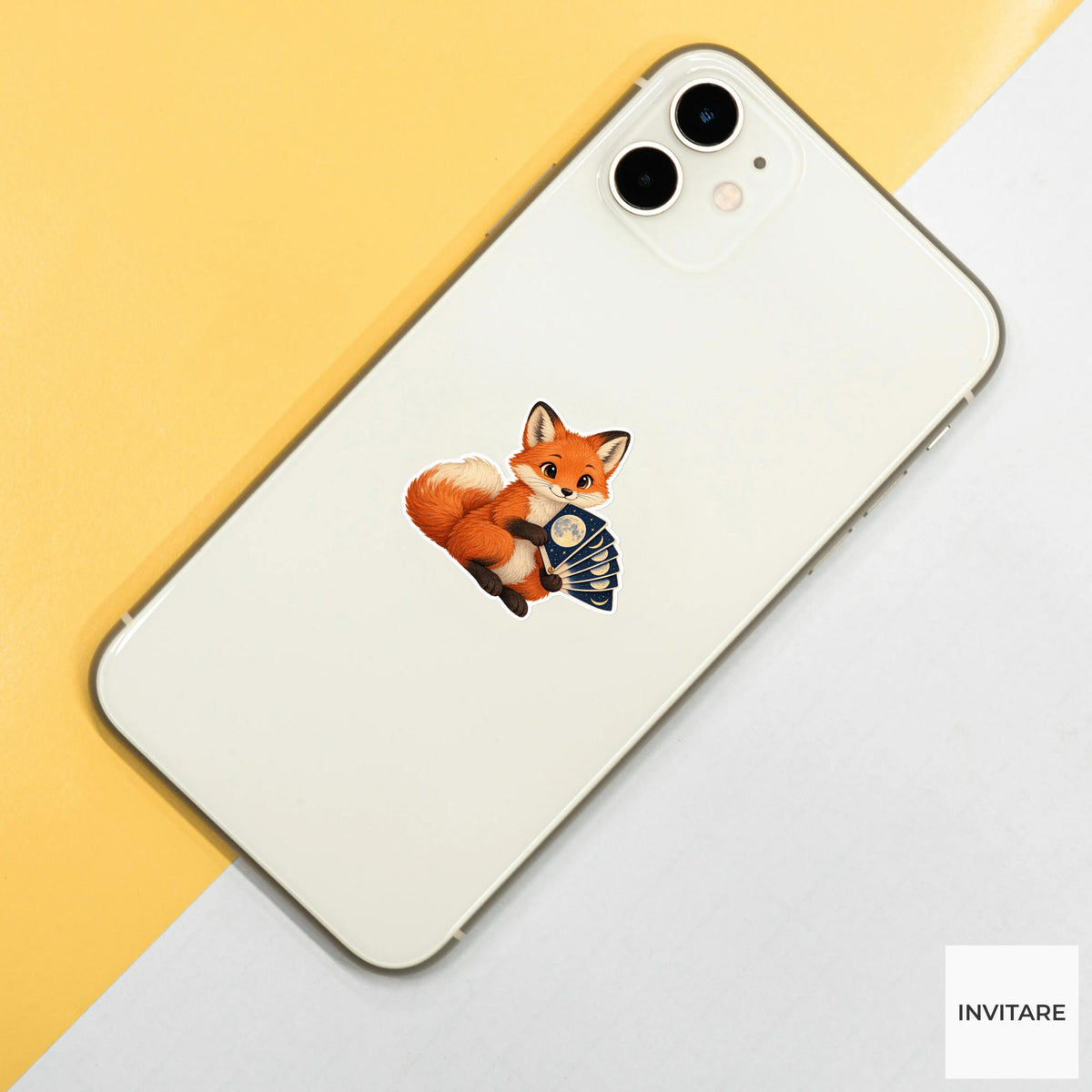 Fox holding a moon-phase flipbook with one page open like a fan Vinyl Sticker