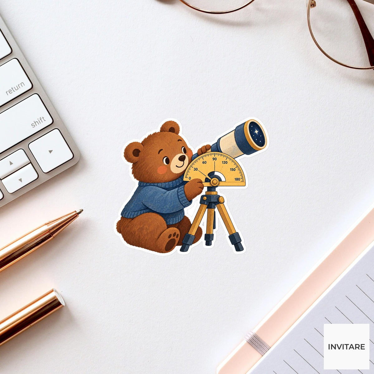 Bear measuring the angle of a little telescope with a chunky semicircle protractor Vinyl Sticker