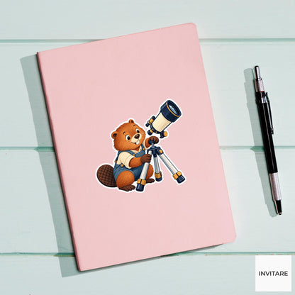 Beaver assembling the three chunky legs of a compact telescope tripod Vinyl Sticker