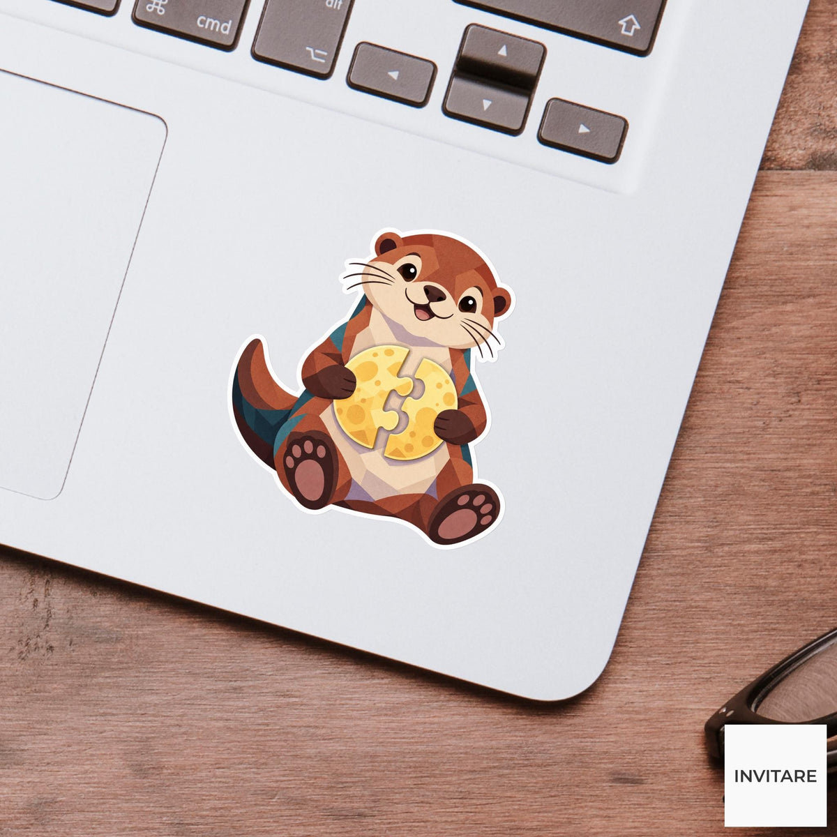 Otter holding two puzzle halves against its belly like a nearly finished moon Vinyl Sticker