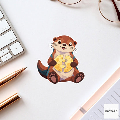 Otter holding two puzzle halves against its belly like a nearly finished moon Vinyl Sticker
