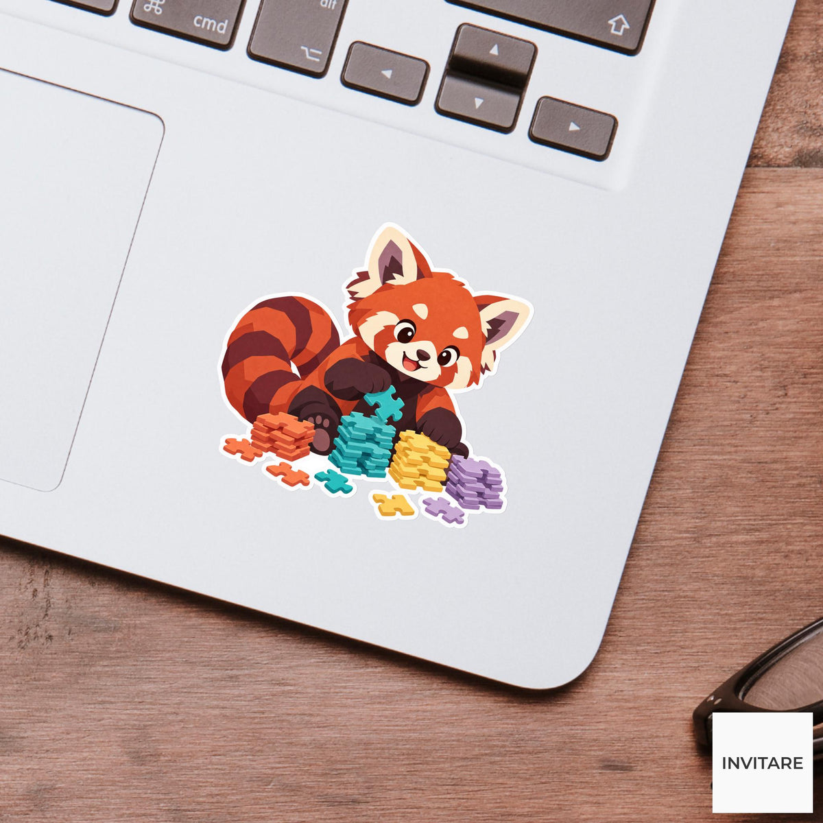 Red panda stacking sorted edge pieces in neat piles beside its ringed tail Vinyl Sticker