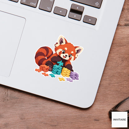 Red panda stacking sorted edge pieces in neat piles beside its ringed tail Vinyl Sticker