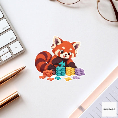 Red panda stacking sorted edge pieces in neat piles beside its ringed tail Vinyl Sticker