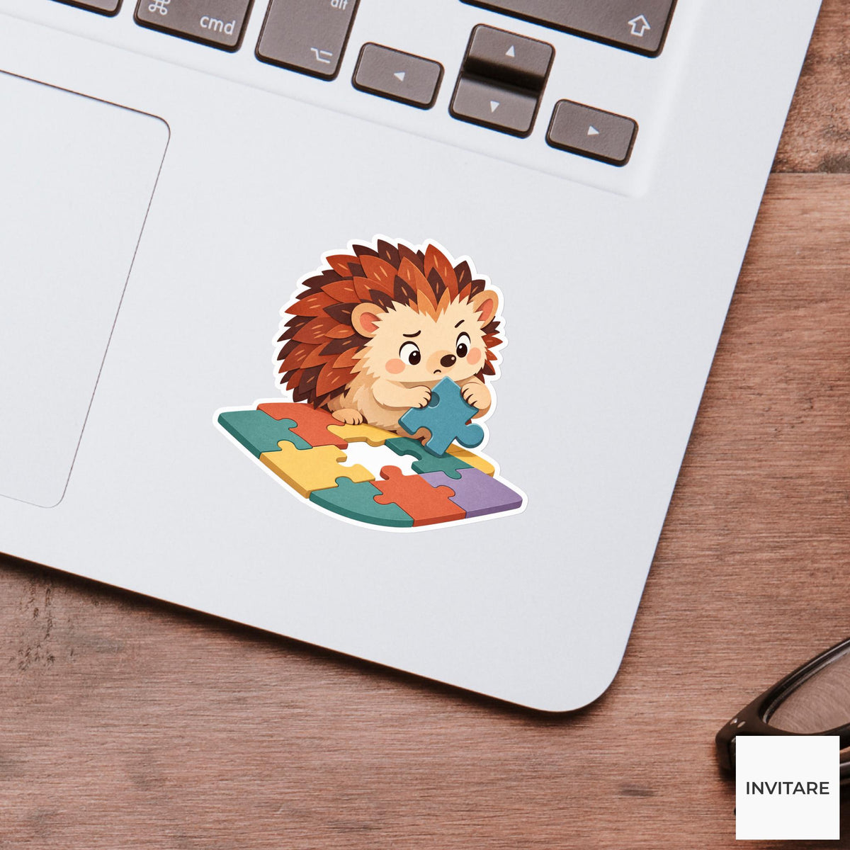 Hedgehog using its tiny paws to rotate a mismatched blue piece with a puzzled face Vinyl Sticker