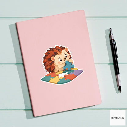 Hedgehog using its tiny paws to rotate a mismatched blue piece with a puzzled face Vinyl Sticker