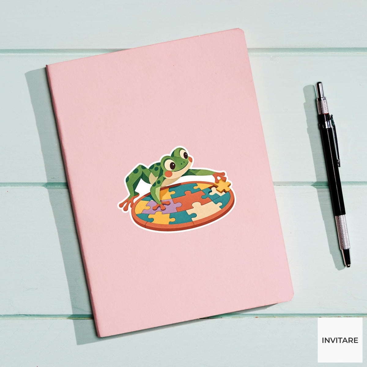 Frog stretching over a circular puzzle board to reach one faraway gap Vinyl Sticker