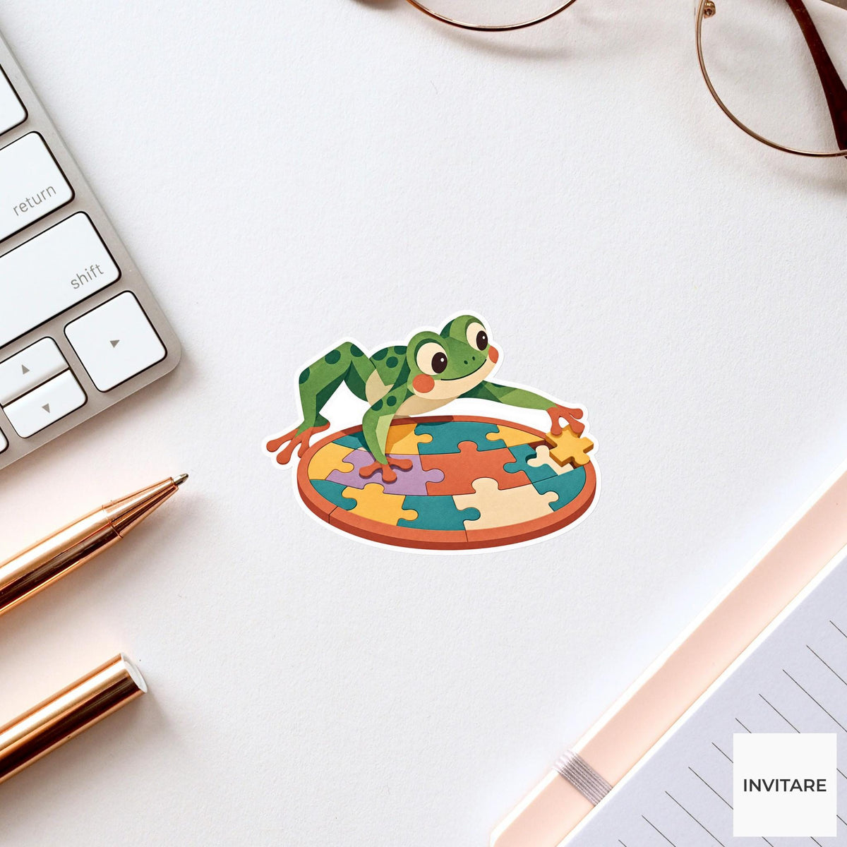 Frog stretching over a circular puzzle board to reach one faraway gap Vinyl Sticker