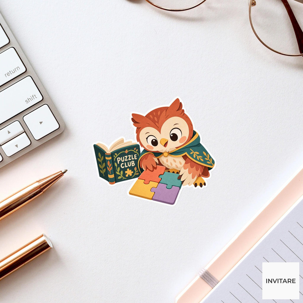 Owl arranging four colorful corner pieces into a tidy square beside an open club book Vinyl Sticker