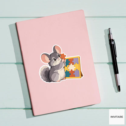 Chinchilla holding a piece beside its ear to compare its shape with a puzzle silhouette Vinyl Sticker