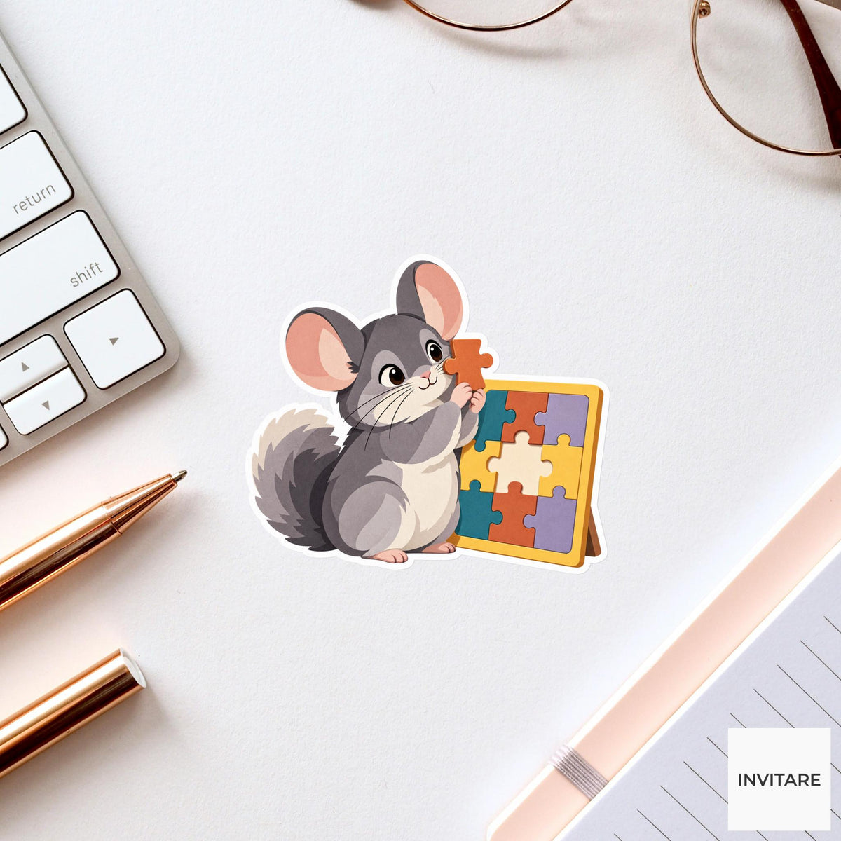 Chinchilla holding a piece beside its ear to compare its shape with a puzzle silhouette Vinyl Sticker