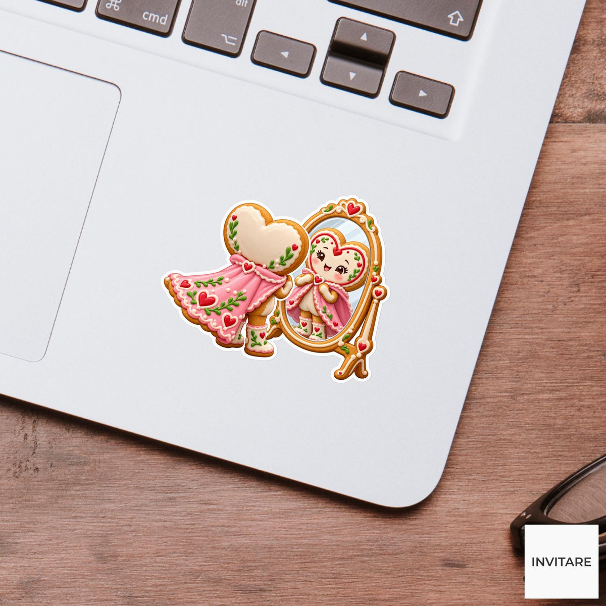 Heart cookie admiring a pink icing cape in a freestanding bakery mirror Vinyl Sticker