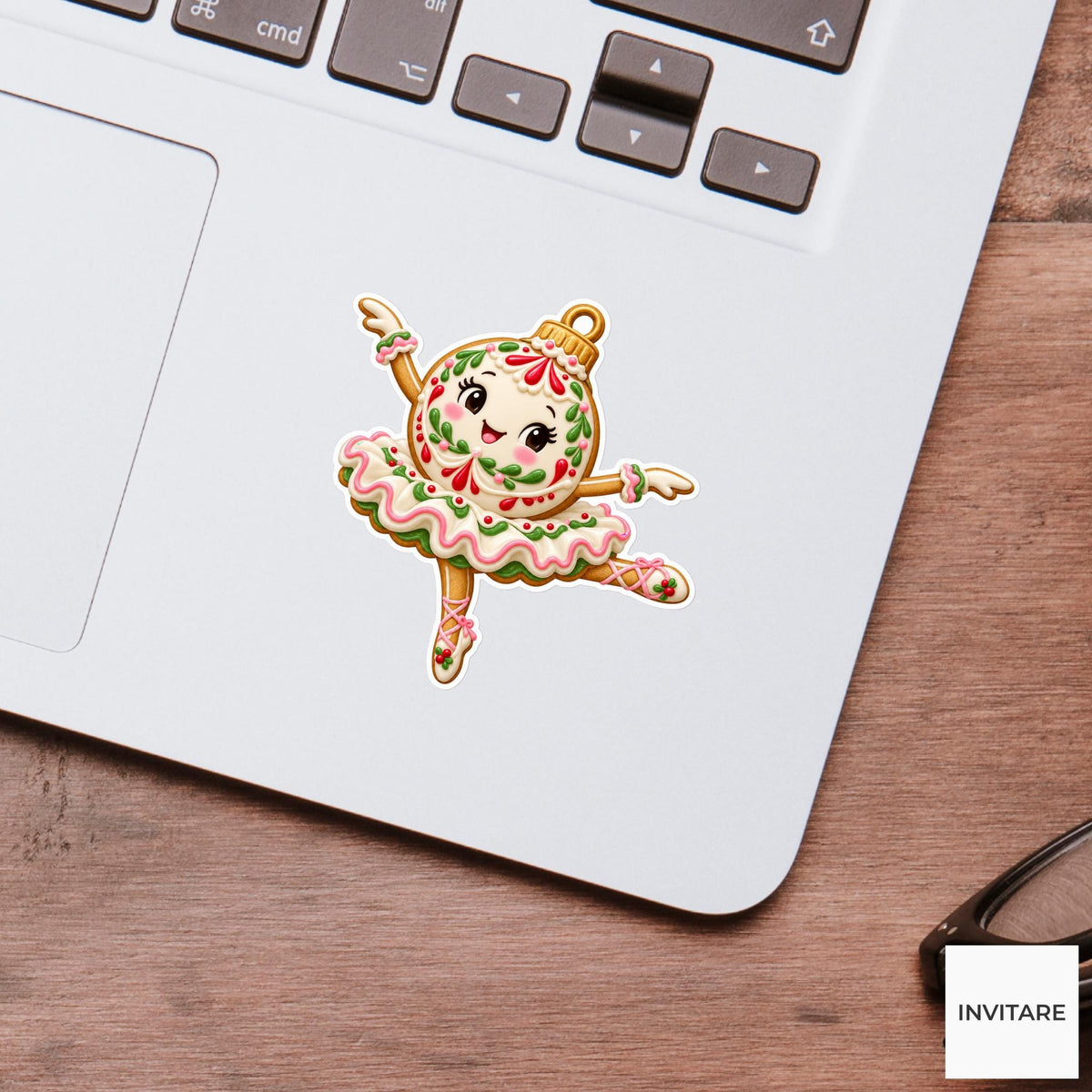 Ornament cookie spinning in a ruffled royal-icing skirt with one leg lifted Vinyl Sticker