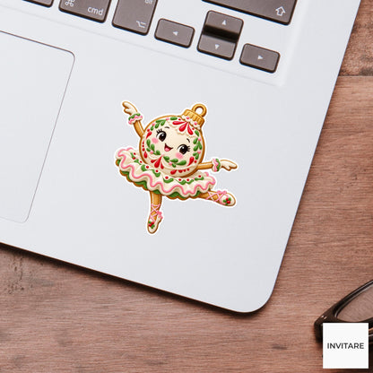 Ornament cookie spinning in a ruffled royal-icing skirt with one leg lifted Vinyl Sticker