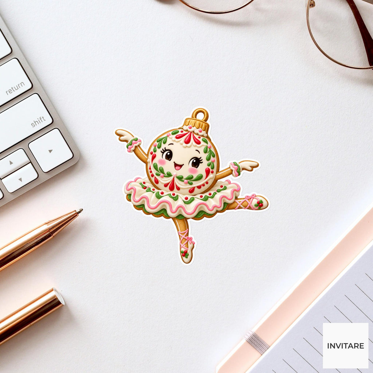 Ornament cookie spinning in a ruffled royal-icing skirt with one leg lifted Vinyl Sticker