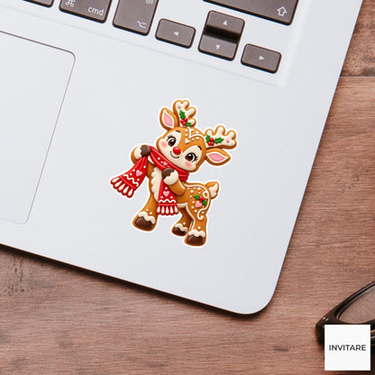 Reindeer cookie carefully draping a red frosting scarf around its baked neck Vinyl Sticker