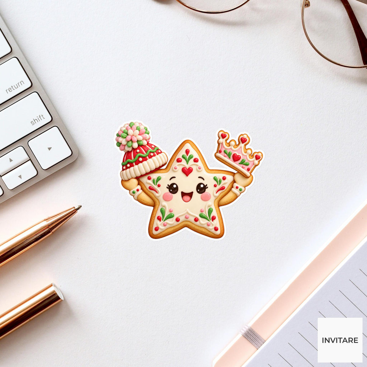 Star cookie comparing a pompom cap and a frosting crown held in its two arms Vinyl Sticker
