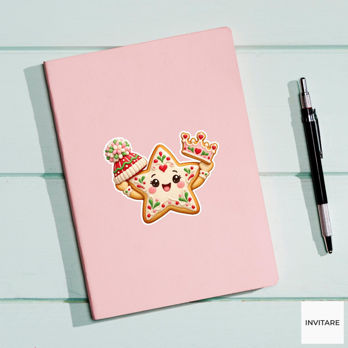 Star cookie comparing a pompom cap and a frosting crown held in its two arms Vinyl Sticker