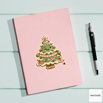 Tree cookie adjusting an icing measuring tape around its broad lower branches Vinyl Sticker