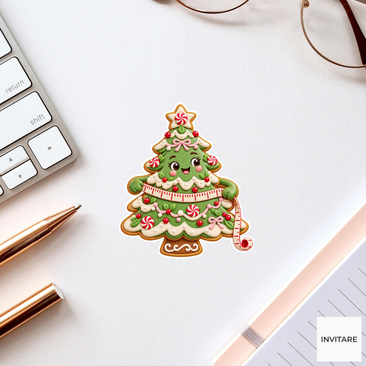 Tree cookie adjusting an icing measuring tape around its broad lower branches Vinyl Sticker